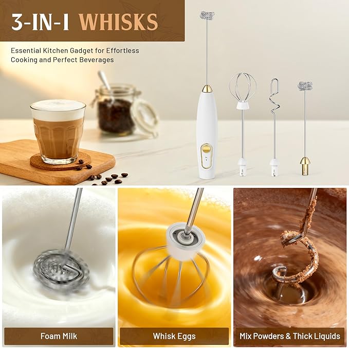 Milk Frother Handheld, Rechargeable Coffee Frother Wand with Stand, Electric Frother for Lattes, Cappuccinos, Matcha, Drinks, Espumador de Leche Electrico