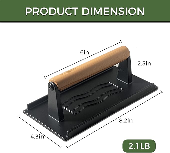 Cast Iron Smash Burger Press,Grill Bacon Meat Press Tool,Perfect for Blackstone, Camp Chef, Weber Grills & Indoor Griddles – BBQ & Cookout Must-Have (Rectangle -Grooved)