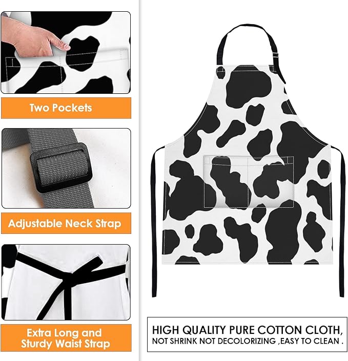Britimes Apron Home Kitchen Cooking Baking Gardening for Women Men with Pockets Cow Dalmatian Spots Animal Milk 32x28 inch