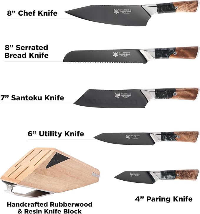 DALSTRONG Knife Block Set - 5 Piece - Valhalla Series - Ravenstone Black Blade Titanium Coated - Premium 9CR18MOV HC Steel - Resin & Wood Handle - Razor Sharp - Kitchen Cooking Chef's Knife