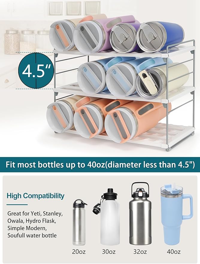 Upgraded Large Expandable Water Bottle Organizer for 40 oz Stanley, Owala & Yeti Tumblers, Adjustable Storage Rack for Travel Mug Cabinet, Pantry, and Kitchen Organization, Fits 20/30 oz Bottles Too