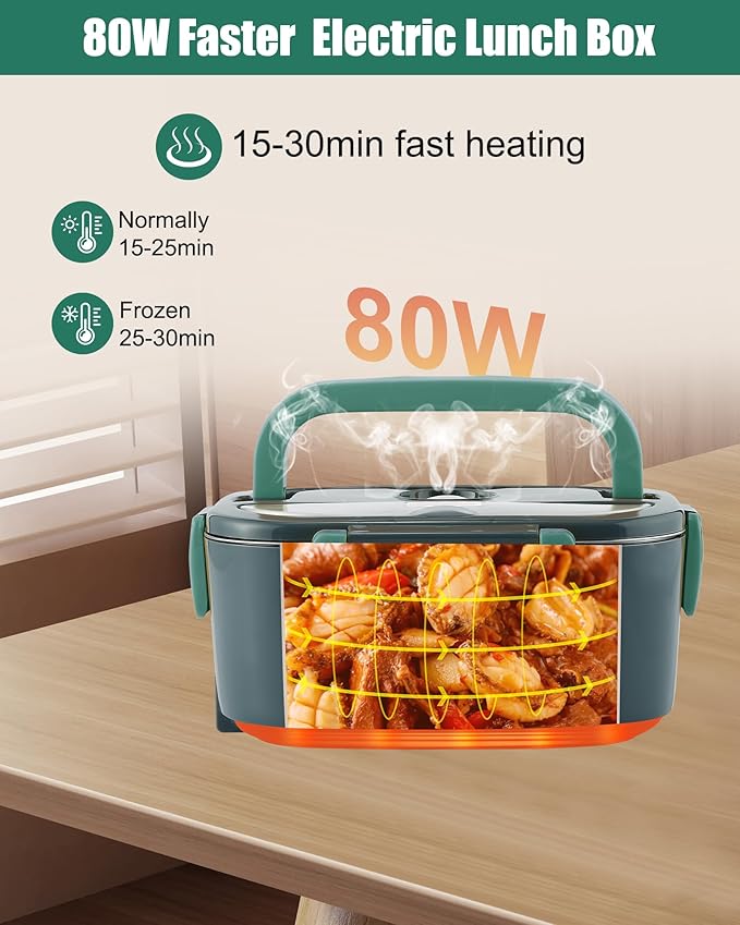 Buddew Electric Lunch Box for Adults, 80W Heated Lunch Box with Dual 1.5L Stainless Steel Portable Food Warmer,12/24/110V Lonchera Electrica Portatil for Travel&Work, Loncheras para Hombres de Trabajo