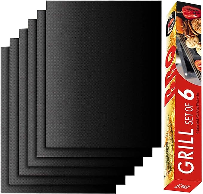 Renook Grill Mat Set of 6-100% Non-Stick Reusable Mats for Gas, Charcoal or Electric Grills - Easy to Clean - 15.75 x 13-Inch, Black
