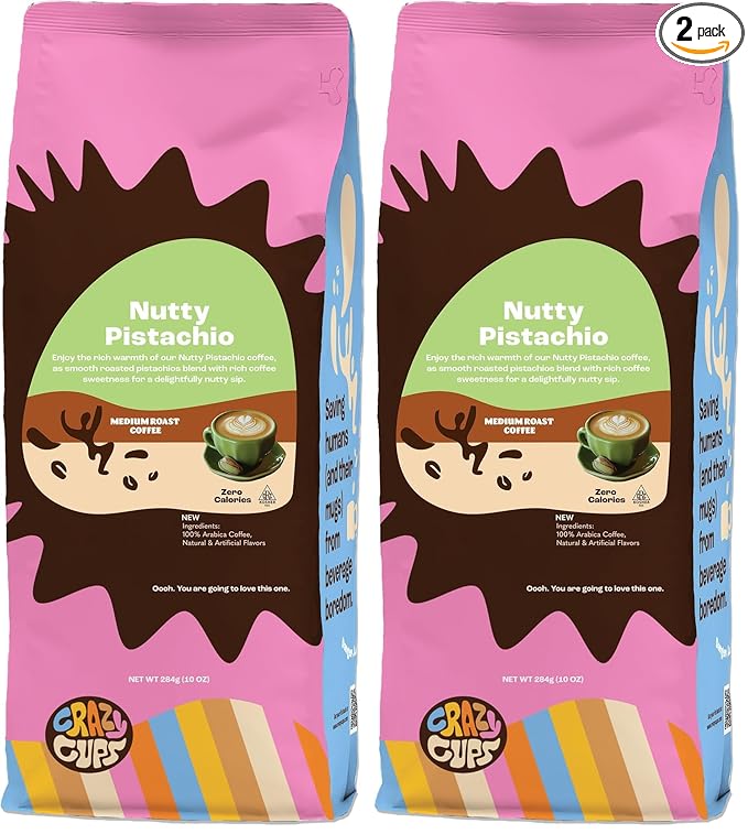 Crazy Cups Flavored Ground Coffee, Pistachio Coffee in 10 oz Bag, For Brewing Hot or Iced (Pack of 2)