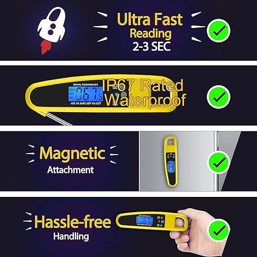 Instant Read Meat Thermometer for Kitchen Cooking, Ultra Fast Precise Waterproof Digital with Backlight, Magnet and Foldable Probe for Food,Deep Fry, Outdoor BBQ, Grill(Yellow)