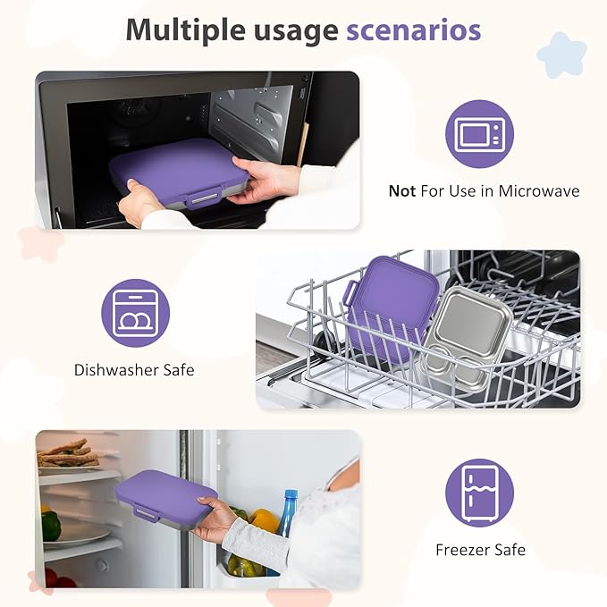 Stainless Steel Bento Box Kids, Leak Proof Metal Bento Lunch Box,3 Compartments 304 Stainless Steel Bento Lunch Containers for School and Office,BPA-Free(Purple)