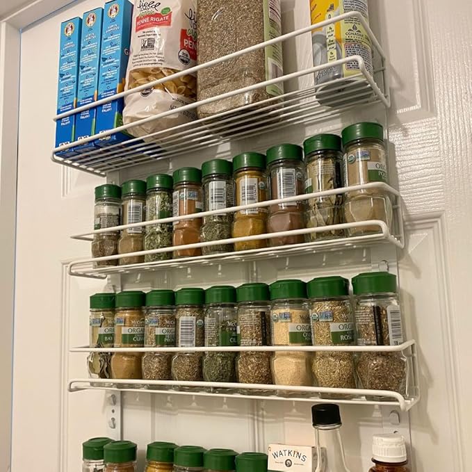 Evelots Over the Door Pantry Organizer -5 Tier Spice Rack -Holds up to 40 Spices & More - Adjustable Metal Baskets for Kitchen, Bathroom Storage & Organization (White) Easy Install Extra Deep Baskets