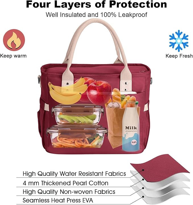 Hafmall Large Insulated Lunch Bag for Adults, Wide Opening Insulated Bag with Shoulder Strap,Loncheras para Mujer, Reusable Adult Lunch Tote Bag For Work, Picnic(Red)