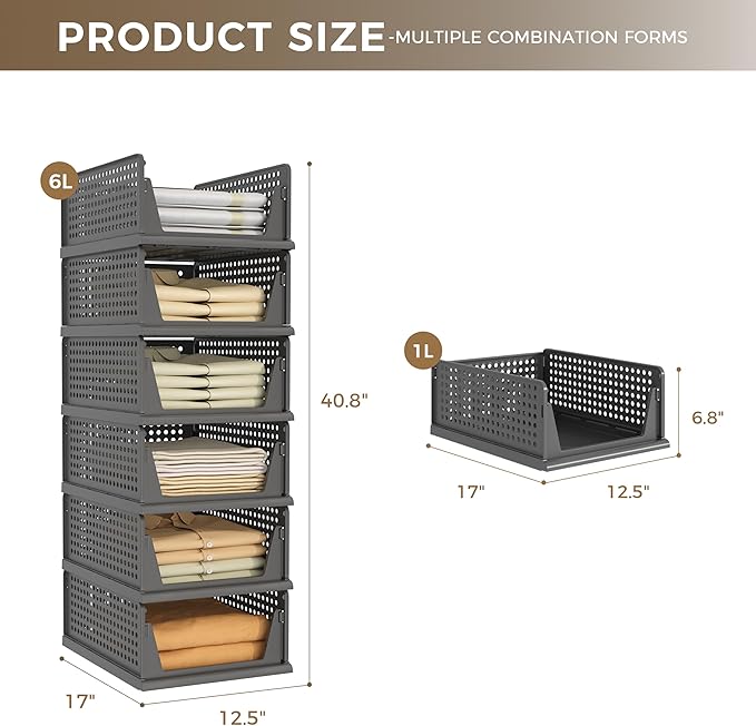 Pinkpum 6 Pack Closet Organizers Storage Box, Stackable Plastic Drawer Basket for Clothing, Stackable Storage Bins Shelf Storage Container for Closet Wardrobe Bedroom Bathroom Office Black
