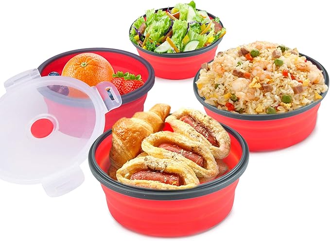 Guyuyii Collapsible Bowls with Lids – 4 Sizes Silicone Food Storage Containers for Camping, RV, and Home Use, with Airtight Leak-Proof Seal, Space-Saving Stackable, Microwave Freezer Dishwasher Safe