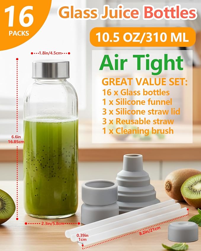 Zukro Clear Glass Juice Bottles 10.5 oz, 16 Pack Reusable 300ml Glass Jars With Airtight Stainless Steel Lids for Juicing, Milk, Ginger Shot, Smoothie, Leak Proof Small Water Container, BPA Free