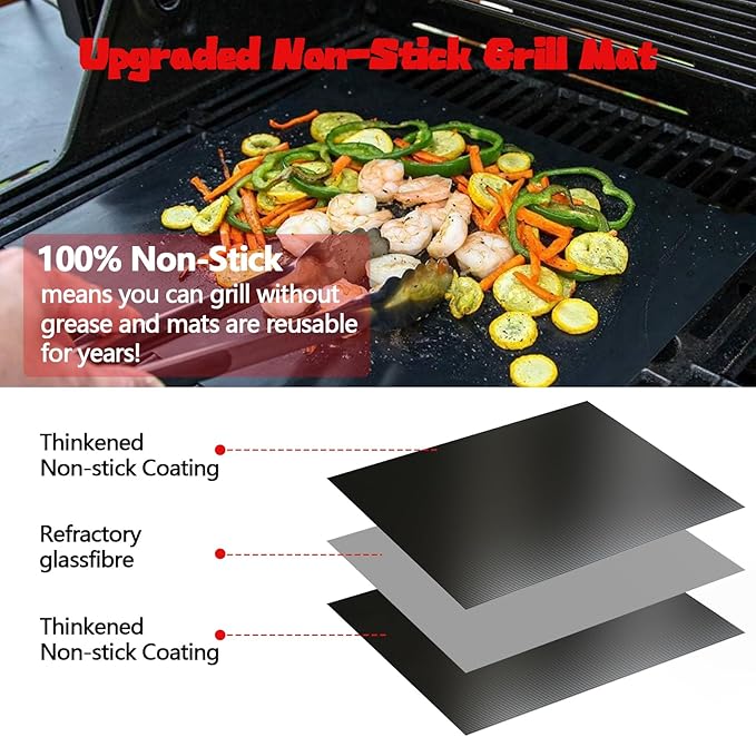 UBeesize 2 Pack 0.4mm Extra Thick 600 Degree Non Stick BBQ Grill Mat & Baking Mats, Dishwasher Safe, Easy To Clean, Black