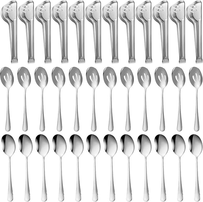 Sabary 36 Pcs Stainless Steel Serving Utensils for Buffet Parties Including 12 Serving Spoons 12 Slotted Spoons 12 Serving Tongs Large Metal Flatware Set for Tanksgiving Catering Banquet(Silver)