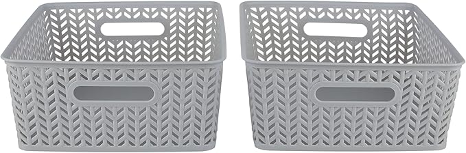 Simplify 2 Pack Medium Herringbone Storage Basket | Dimensions: 14"x11.5"x5.15" | Sturdy Polypropylene Plastic | 2 Open Handles | Lightweight | Home Organization | Heather Grey