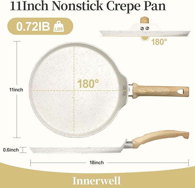 Innerwell Nonstick Crepe Pan, Granite Coating Flat Skillet Dosa Tawa Tortilla Pan, 10 inch White Pancake Griddle Roti Pan With Stay-Cool Handle, Induction Compatible, PFOA Free