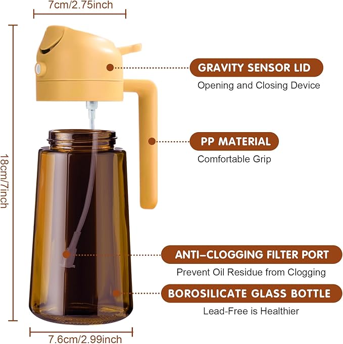 YARRAMATE 16oz/470ml Light Blocking Oil Sprayer for Cooking with Stickers, Food-Grade 2 in 1 Olive Oil Dispenser Bottle for Kitchen, Premium Dark Amber Glass Oil Bottle for Air Fryer, BBQ(Orange)