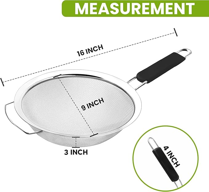 9" Large Extra Fine Mesh Strainer with Thermo Plastic Rubber Handle - Sieve Fine Mesh Stainless Steel - Ideal to Strain Pasta, Quinoa and Rice