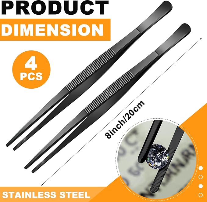 Yaomiao 4 Packs 8 Inch Bar Tweezers Black Cocktail Tongs Long Garnish Tweezers Stainless Steel Bartender Kitchen Cooking Tongs for Cocktail Food Fruit Korean BBQ Bartender Chef, Multi-use