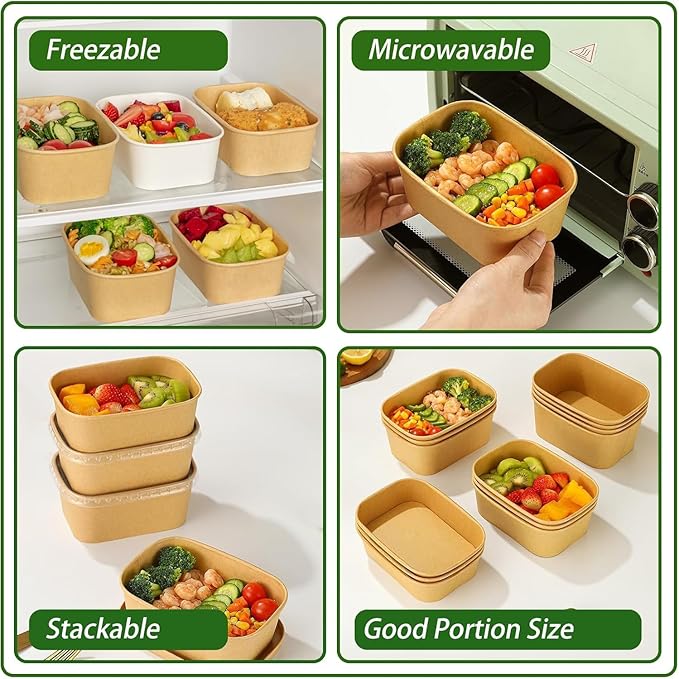 DI QIU REN 50-Pack 34oz Paper Bowls, Disposable Food Containers with Lids and Forks, Rectangular Food Prep Containers, To Go Containers, Salad Bowls Deli Container for Diet Salad, Pasta