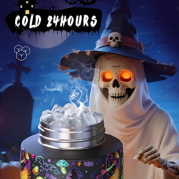 Halloween Insulated Water Bottle with Straw - Stainless Steel Water Bottle with Push Button Lid, Leak-Proof BPA-Free, Keeps Cold for 24 Hours for Halloween gifts, Party (24 oz, Meowgic Night)