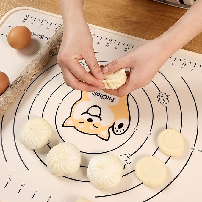Silicone Pastry Mat 24"*16" Extra Thick Non Stick Baking Mat Food Grade Silicone Dough Rolling Bake Mat with Edge Heightening Cartoon Beige