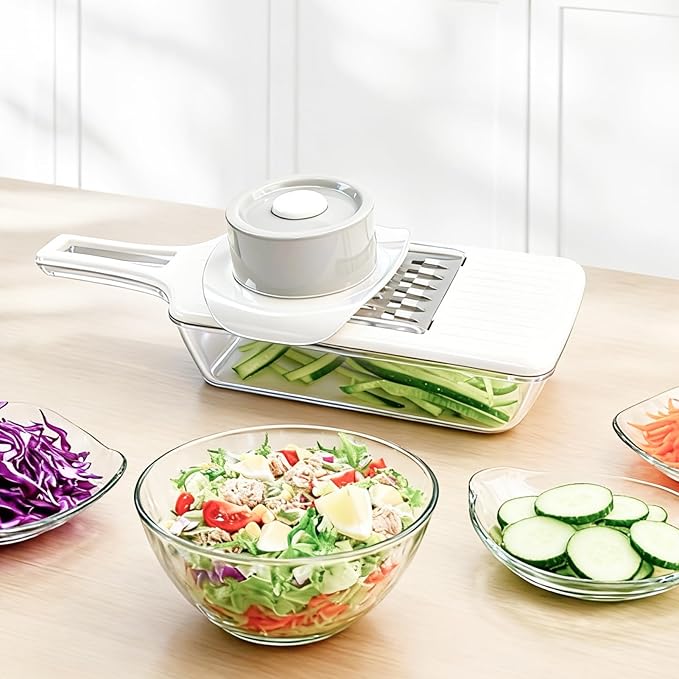 Multifunctional Handheld Mandoline Slicer for Kitchen with Drain Box – 6 Interchangeable Blades, Safety Guard, Vegetable/Cucumber Slicer for Salad Meal Prep, Easy to Clean, Compact Storage