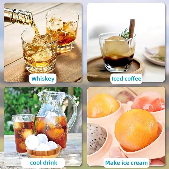HONYAO Silicone Whiskey Ice Ball Mold - 2.4 Inch Large Ice Cube Trays Molds Silicone with Lids - Ice Sphere Maker for Cocktails, Bourbon, Rum - 2 x 4 Iceballs