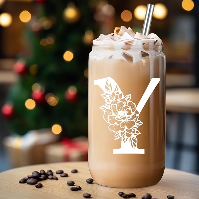 Coolife Initial Glass Cup, Monogrammed Gifts for Women, 16 oz Glass Cups w/Lids Straws, Iced Coffee Smoothie Beer Tumbler w/Straw Lid - Personalized Christmas, Birthday Gifts for Her Mom Friend Woman
