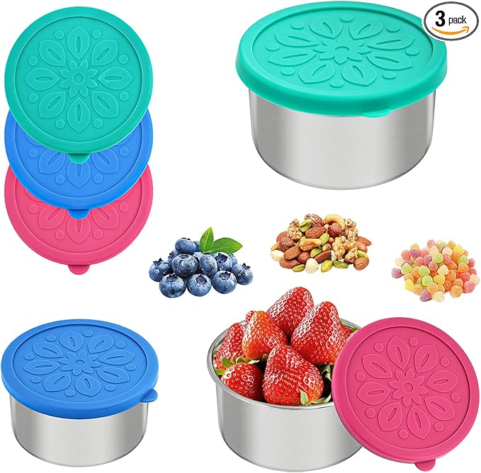 Cmonie 3Pack Stainless Steel Containers with Lids,10/20/33 oz Easy Open Leak Proof Metal Snack Containers,Food Storage Bento Box for Snacks, Fruits (3Pcs-10 oz)