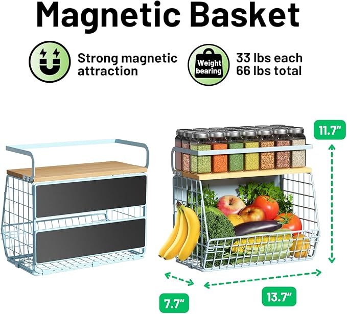 Magnetic Shelf for Fridge with Wood Lid, Fruit Potato and Onion Storage Bins, Pantry Organizers & Storage, Large Container Magnetic Spice Rack for Refrigerator, Kitchen Counter, Cabinet (Blue, 2)