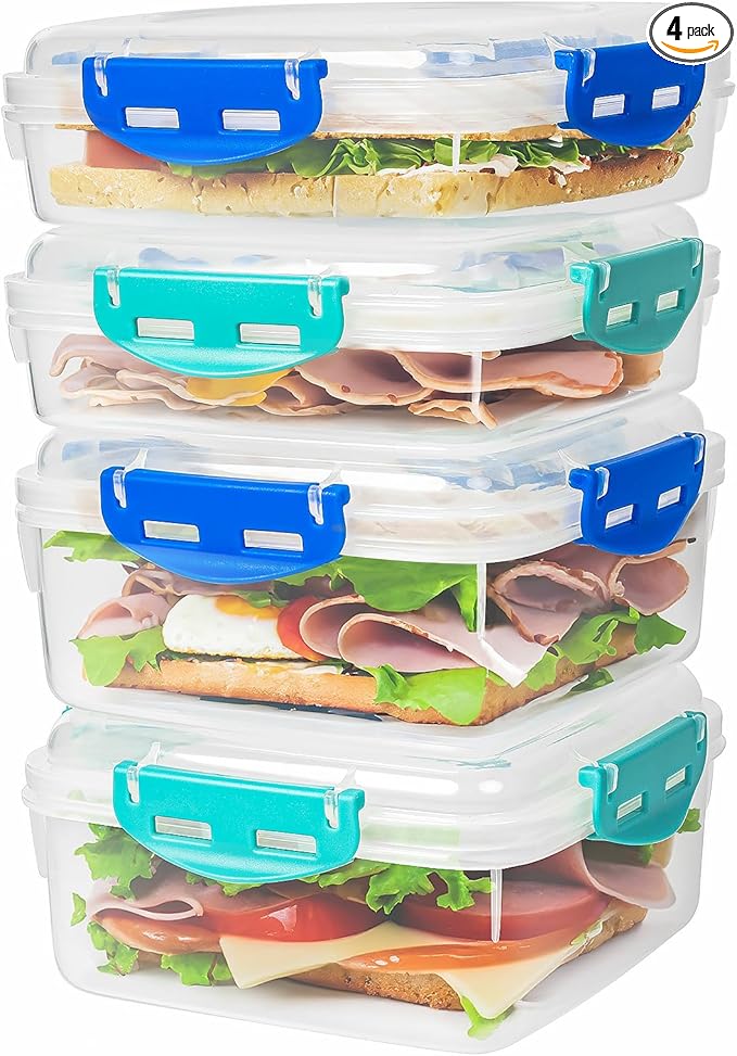 4 PCS Sandwich Containers - 100% Airtight & BPA-Free & Microwave & Dishwasher Safe Kitchen Storage Containers with Upgraded Snaps, 2 heightened Containers for Lunch Boxes and 2 normal version