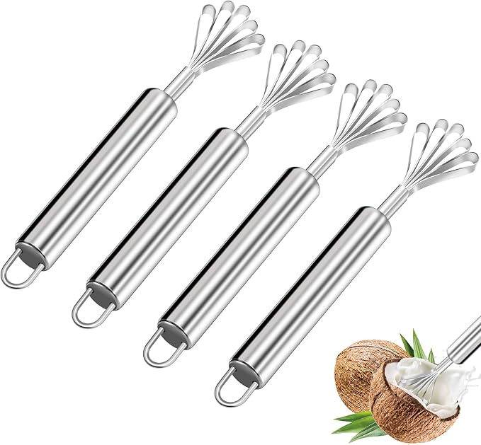 4 Pcs Coconut Meat Removal Scraper Tools, Stainless Steel Coco Nut Kinfe, Copra Cocoanut Pulp Shredder, Fish Skin Scaler for Kitchen, Grater, Peeler and Slicer, Coconut Grater, Silver