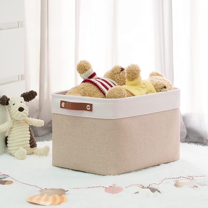 HNZIGE Fabric Storage Baskets for Shelves, Large Collapsible Storage Baskets for Organizing, Decorative Baskets Bins Set with Handles for Closet, Clothes,Home (3 Pack, White&Khaki,15" x 11" x 9.5")