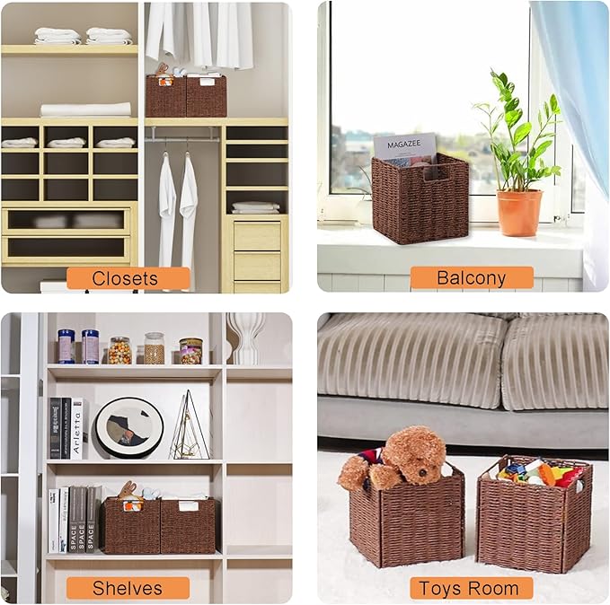 Vagusicc Wicker Storage Basket, Set of 2 Hand-Woven Storage Baskets for Shelves, Foldable Cube Storage Baskets Bins with Handles, 9 inch Small Wicker Baskets for Organizing Pantry Bedroom, Brown