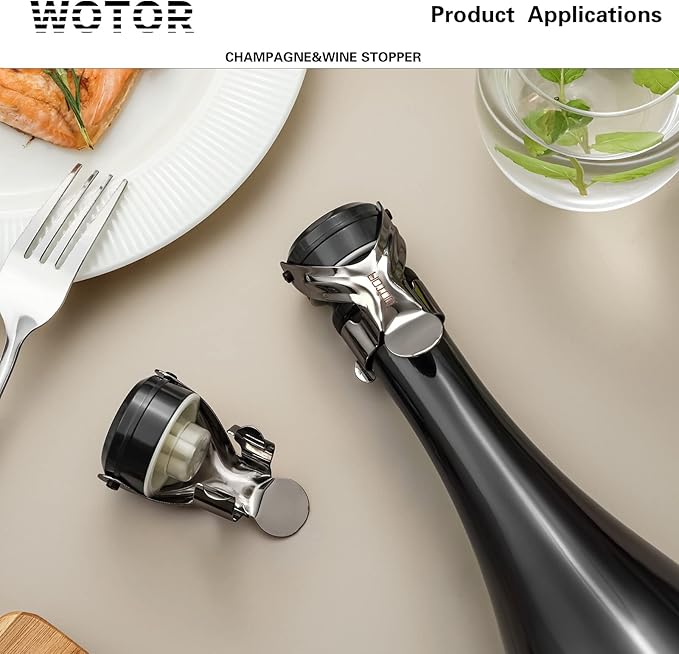 WOTOR Champagne&Wine Bottle Stoppers Stainless Steel with Food Grade Silicone, Leak Proof Keep Fresh Reusable Saver, Cork Suitable for Wine, Champagne, Cava, Prosecco and Sparkling (12 Pack Black）