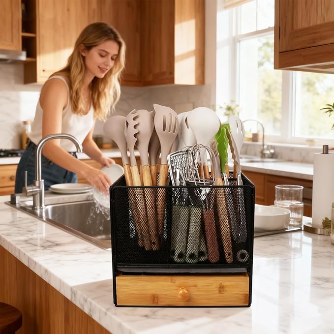 Kitchen Utensil Holder, 2-In-1 Large Utensil Holder Counter & Drawer Silverware Organizer Kitchen Countertop, 6 Compartment Caddy for Cooking and Flatware, With Quick Dry Diatomite Pad