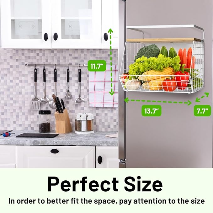 Ofiray-home Magnetic Fridge Shelf with Wood Lid, Fruit Potato Onion Storage Bins, Pantry Organizers, Large Container Spice Rack for Refrigerator, Kitchen Counter, Cabinet (1, White)