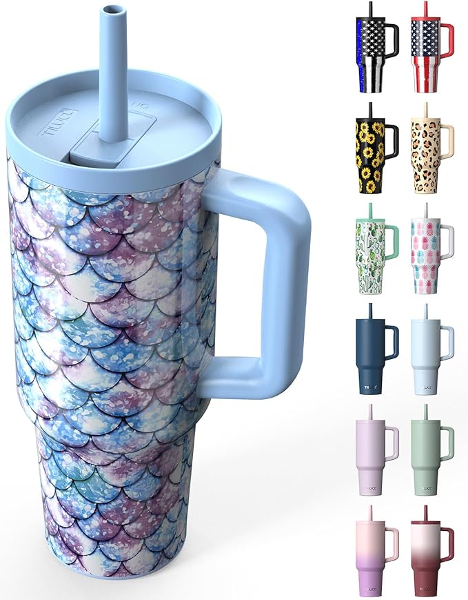 TILUCK 40 oz Tumbler with Handle, Vacuum Insulated Stainless Steel Travel Mug with 100% Leak-Proof Silicone Straw Lid, Cupholder Friendly Water Bottle(FishScales, 40oz)