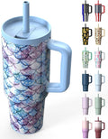 TILUCK 40 oz Tumbler with Handle, Vacuum Insulated Stainless Steel Travel Mug with 100% Leak-Proof Silicone Straw Lid, Cupholder Friendly Water Bottle(FishScales, 40oz)