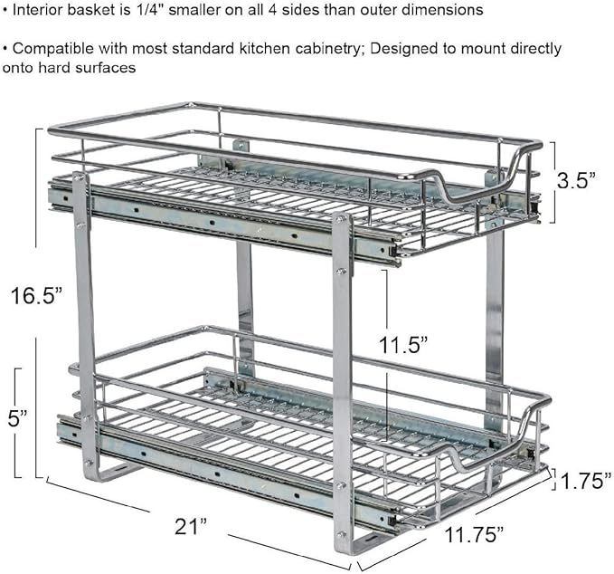 Household Essentials Glidez Multipurpose Chrome-Plated Steel Pull-Out/Slide-Out Storage Organizer for Under Cabinet Use - 2-Tier Design - Fits Standard Size Cabinet or Shelf, Chrome