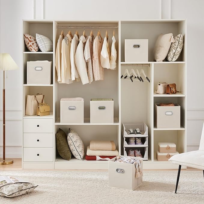 MAX Houser 6 Pack Foldable Fabric Storage Bins with Handles - Ideal for Closet Organization, Bedroom and Nursery（ Beige, 12"x12"x12"）
