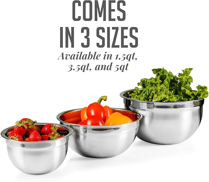OVENTE Mixing Bowl Set with Lids, 3-Piece Stainless Steel Nesting Bowls for Easy Food Storage, Stackable Design, Kitchen Essential for Baking, Cooking and Prepping, Size 5, 3.5, 1.5QT, Silver BM46333S