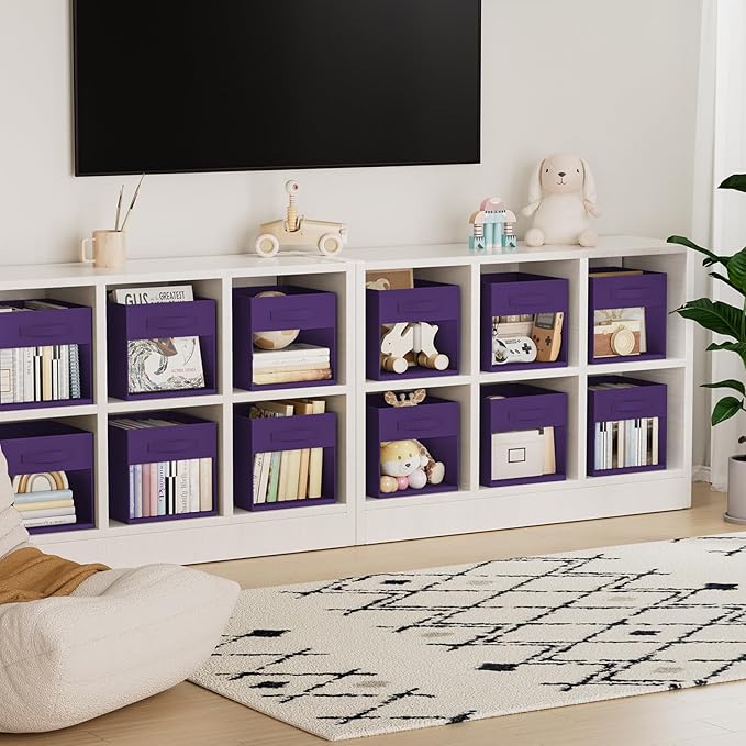 DIMJ Storage Cubes, Cube Storage Bin, 6 Pack Foldable Baskets with Window, Closet Storage Bins with Handle, 11x 11 inch Storage Cubes for Clothes, Toys, Books (Purple)