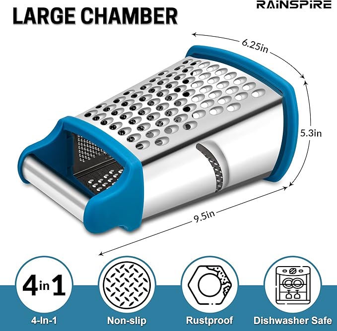 Rainspire Professional Box Grater, Cheese Grater Box for Kitchen Stainless Steel with 4 Sides, Cheese and Spice Graters with Handle for Vegetables, Ginger, Potatoes, Blue