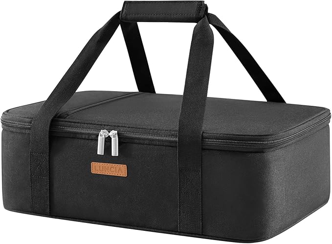 LUNCIA Insulated Casserole Carrier for Hot or Cold Food, Lasagna Lugger Tote for Potluck Parties/Picnic/Cookouts, Fits 9"×13" Baking Dish, Black