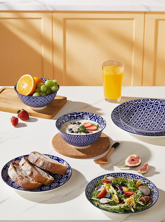 Ceramic Cereal Bowls, 23 Oz Blue and White Bowls, Porcelain Soup Bowl Set for Salad, Dessert, Pasta, Ice Cream,Set of 6