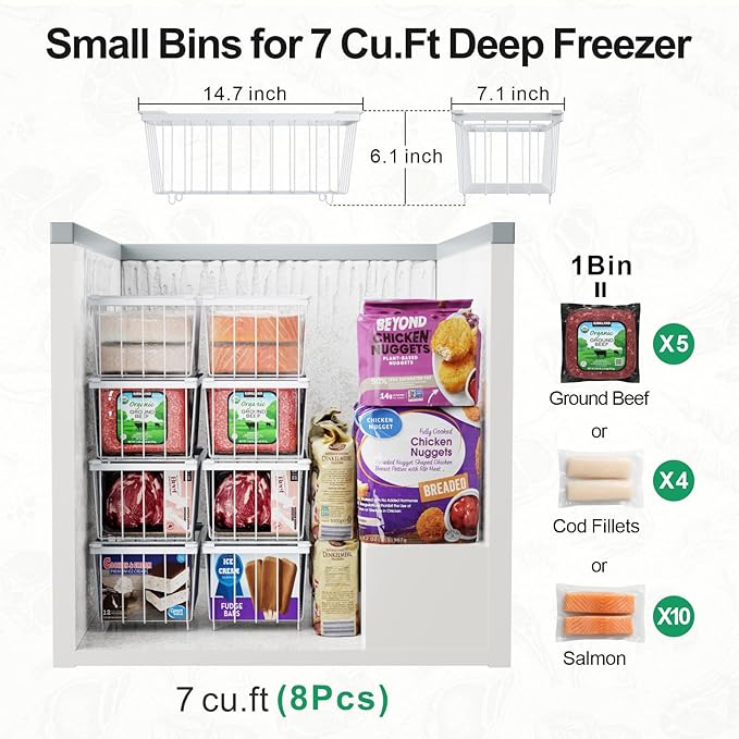 iSPECLE Freezer Organizer Bins - 4 Pack Small Stackable Deep Freezer Organizer Bins for 7 Cu.Ft Freezers Easy Get Bottom Foods without Digging, Chest Freezer Organizer Prevent Frozen Food Waste, White