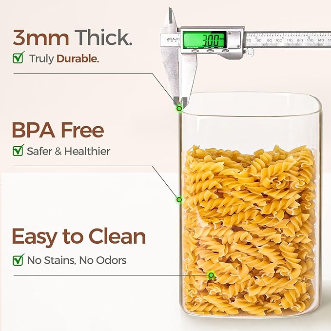 ComSaf Glass Food Storage Containers, 3.6Qt/1.2Qt Glass Flour and Sugar Containers with Airtight Lids, Large Square Jars with Bamboo Lids for Rice, Pasta, Oats, Grains, Cookies, Snacks, Candy