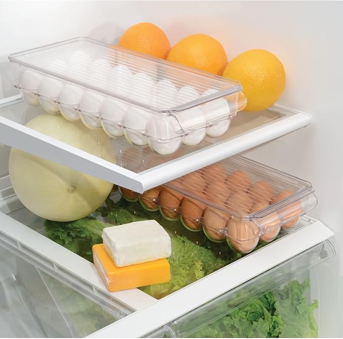 iDesign Clear Plastic Egg Holder for Fridge with Lid - 21 Egg Storage Container Organizer Bin