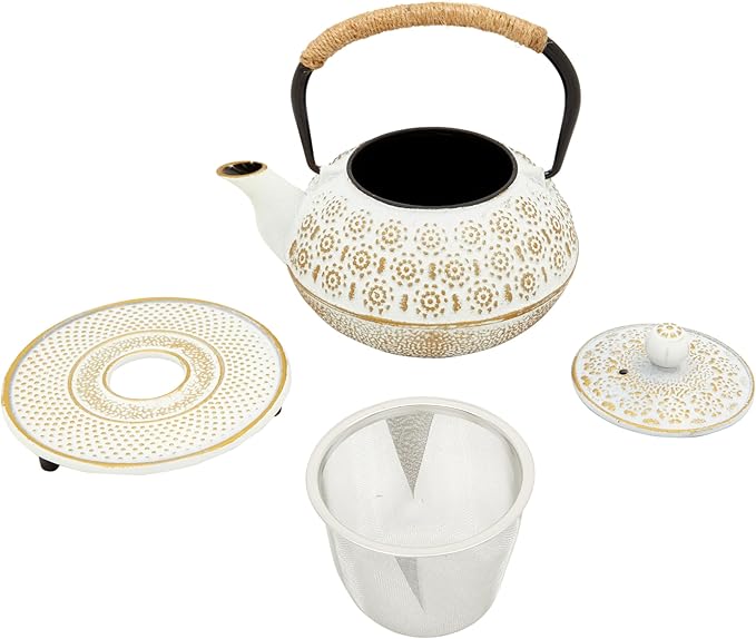 Juvale Stovetop Cast Iron Tea Kettle with Infuser - Superior Heat Retention Loose Leaf Tea Pot - Built-In Teapot with Strainer - Includes Trivet & Infuser Kettle - White, 27 Oz (800 ml)